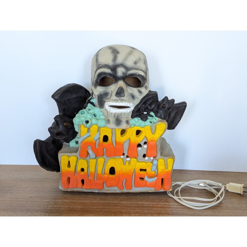 Vtg 1998 Matrix Happy Halloween Skull Skeleton Bat Foam Blow Mold Light Up Decor